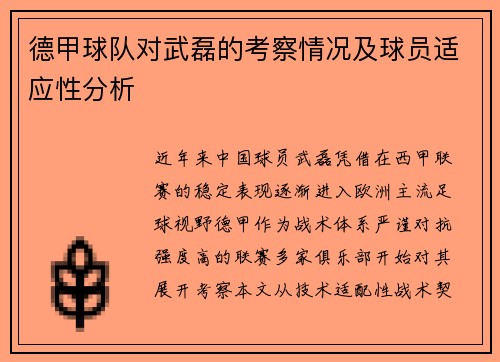 德甲球队对武磊的考察情况及球员适应性分析